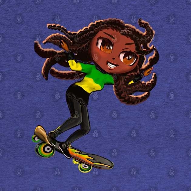 Jamaican jumper women skateboarding girl manga anime girl Jamaican girl on skateboard wearing jumper with colours of Jamaican flag black green and yellow women by Artonmytee